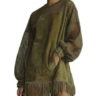 Amazon Independent Station Cross-border New European and American Crew Neck Mesh Sleeve Long Sleeve Tassel Dress Women