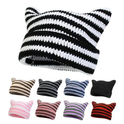 Autumn Winter Outdoor Warm Knitting Caps Cute Striped Cat Ear Hat No Brim Thickened Stretchy Headwear Wool Yarn Knitted Beanie Hat Fashion Clothing
