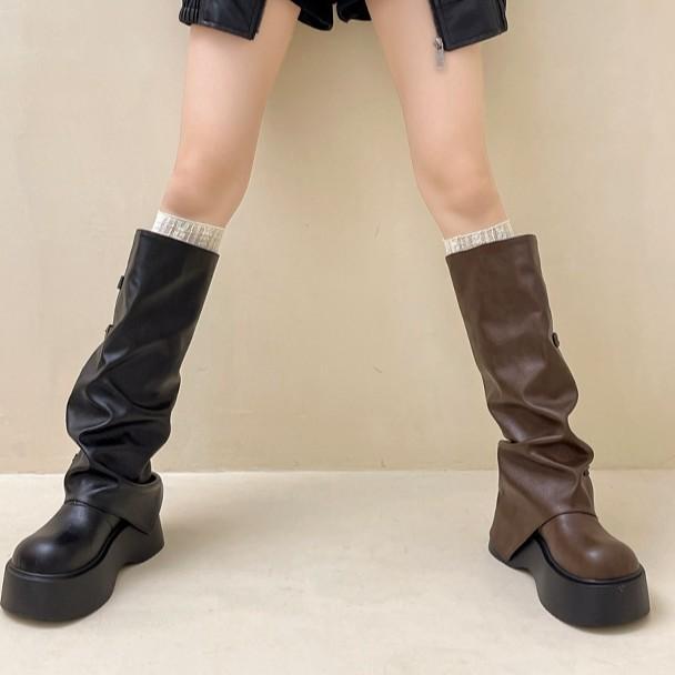Vintage European and American versatile belt buckle pleated women's stacking boots autumn and winter thick-soled sleeve fashion boots thick-heeled le