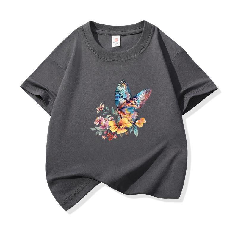 Kids Cotton T Shirt Watercolor Butterfly With Floral Bouquet Print Crew Neck Short Sleeve Tee Casual Boys Girls Summer Tops
