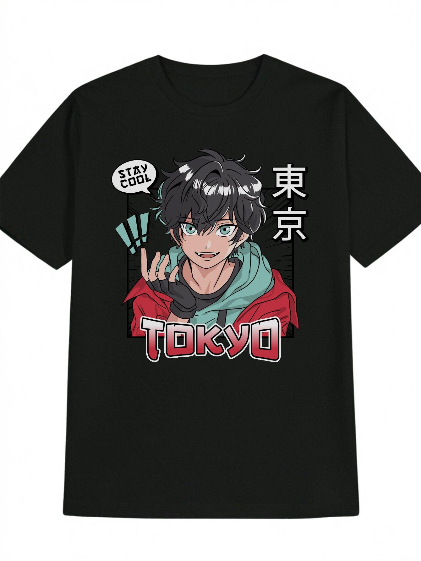 Anime Graphic T-shirt - Black Casual Short Sleeve Round Neck Tee with Tokyo Character Art  Japanese Text XXL