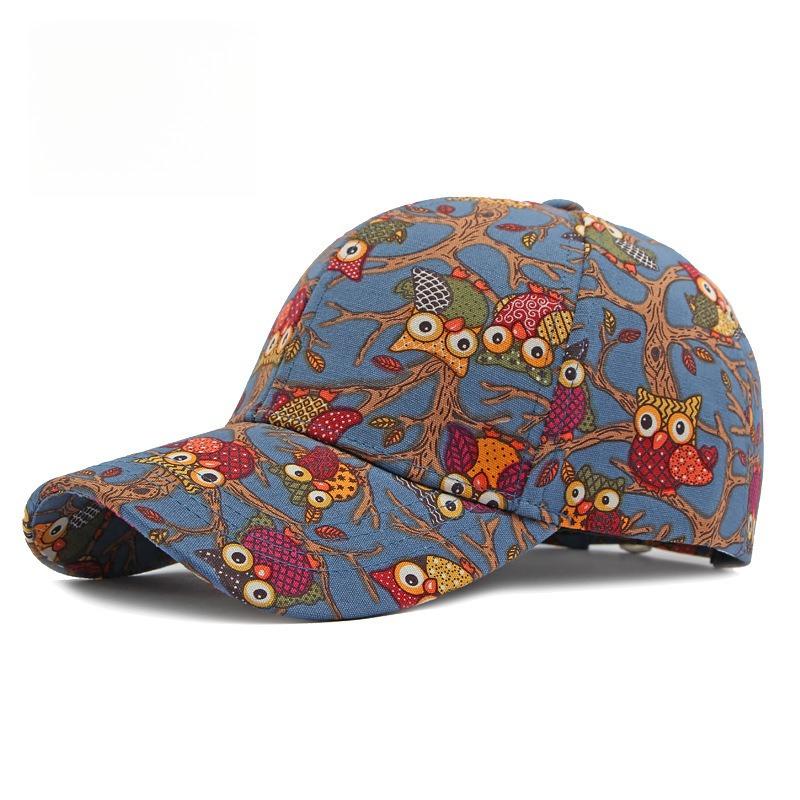 Unisex Cartoon Owl Print Baseball Cap Structured Hard Top Folk Art Bohemian Peaked Hat Outdoor Sun Protection Canvas Cap