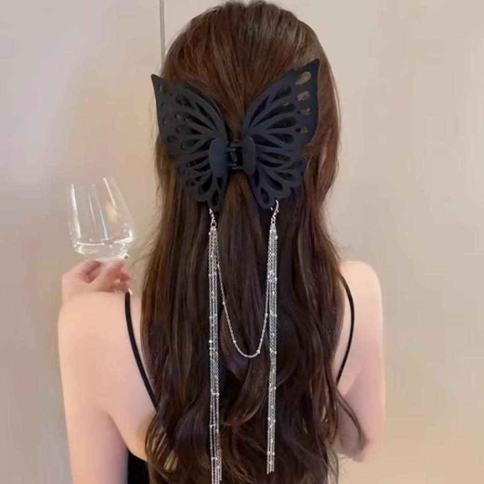 Butterfly Tassel Hair Claw Simple Solid Color Ponytail Claw Clip Girls Woman Fashion Female Large Size Headwear Hair Accessories