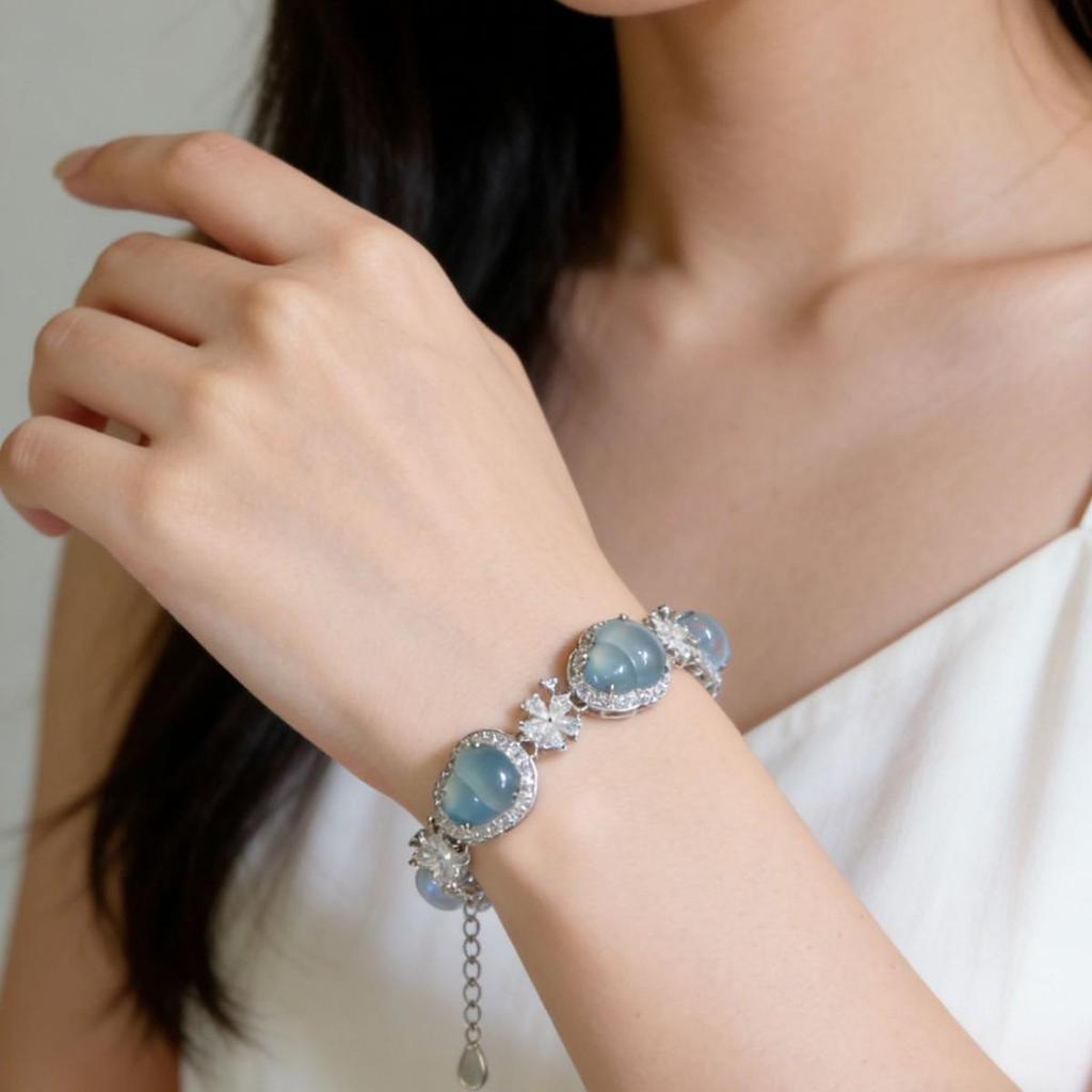 A-Grade Natural Jade Blue Water Bracelet: Ice Seed Egg Shape, Light Luxury, New Chinese Retro Design - Live Stream Bestseller