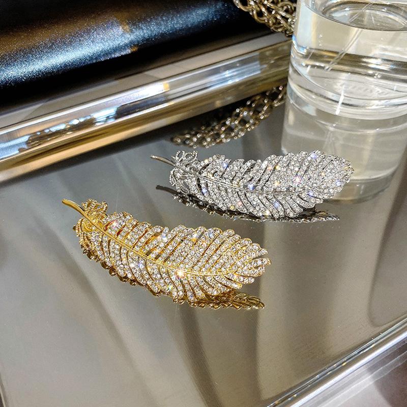 Korean Crystal Feather Hair Accessories Jewelry Gold Silver Color Metal Big Hair Clips for Women Wedding Headwear Girls Hairpins
