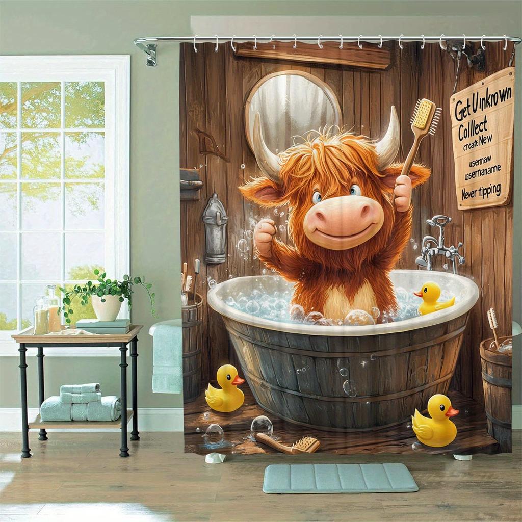 Funny Highland Cow Waterproof Shower Curtain - Rustic Bathroom Design, Anti-Mold,Easy To Clean,Durable Fabric for Bathroom Decor