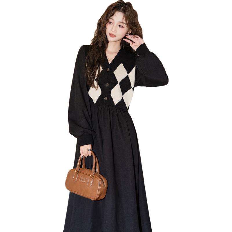 

TonLion 2024 Black V-Neck Patchwork Plaid Knitted Dress S