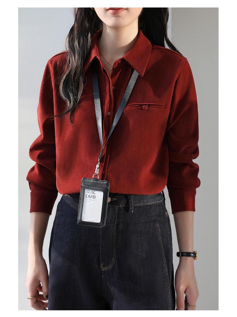 Women's Retro Red Lapel Shirt - 2026 Spring/Autumn Brushed Long Sleeve Top