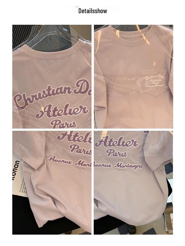 Women's Oversized Purple Embroidered Letter T-Shirt - Pure Cotton, Short-Sleeved, Summer Fashion.