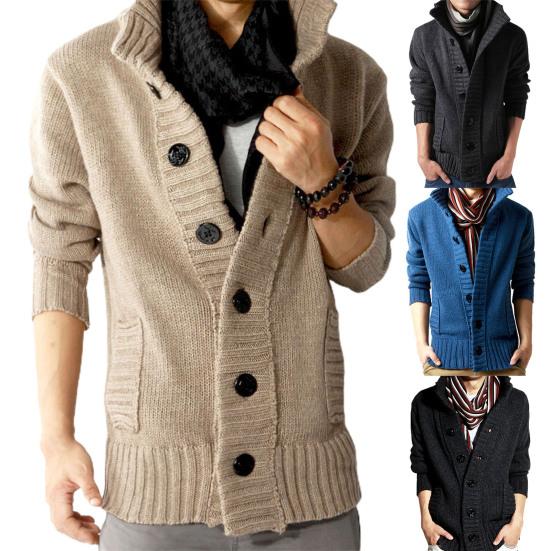 Stand Collar Long Sleeve Men Cardigan Side Pockets Buttons Closure Solid Color Sweater