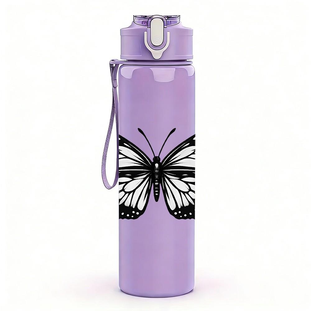 1PC Classic Black Butterfly Print 750ml Color Plastic Sports Water Bottle Leakproof Flip Straw Lid Suitable for Sports Office Home Use