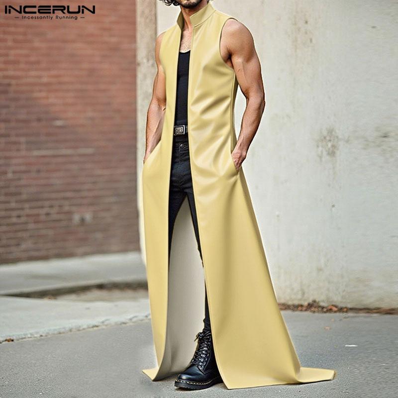 INCERUN Men Stand Collar Sleeveless PU Open Front Faux Leather Long Maxi Cardigan Coats