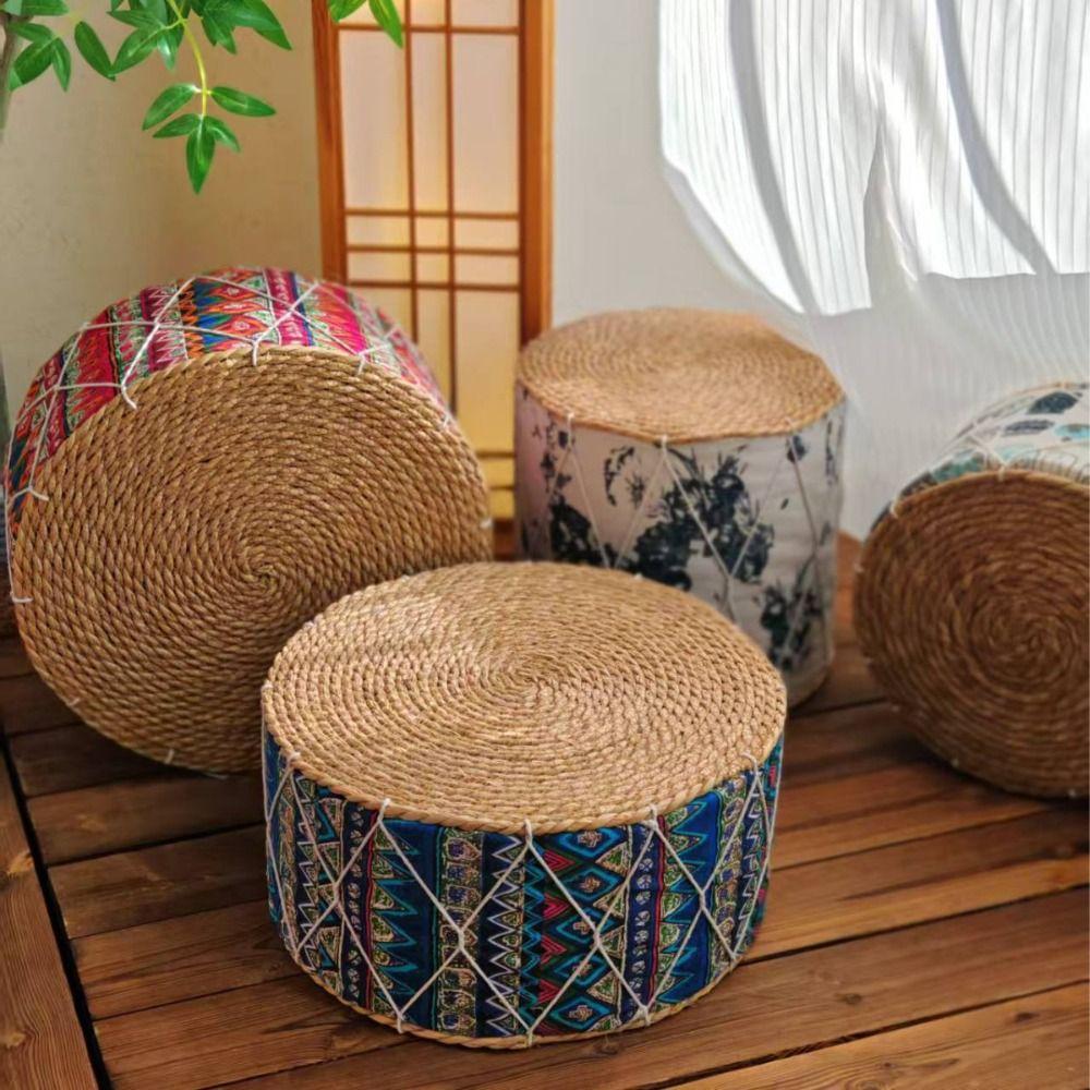 Hand-Woven Floor Cushion Round Shape Ottoman Stool Rustic Style Woven Stool  Living Room