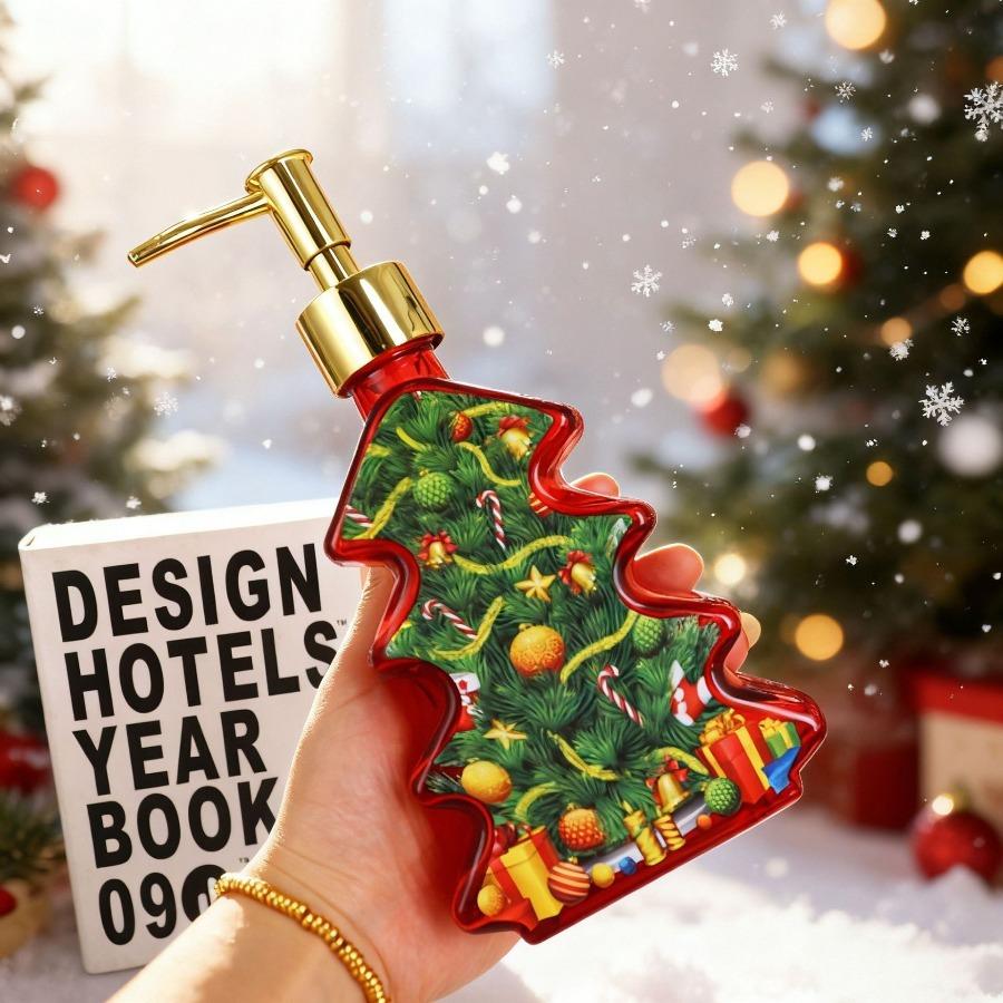 Christmas Design Glass Dispenser Bottle Refillable Pump for Shampoo Soap Lotion Holiday Bathroom Decor Gifts Vanity Organizer