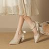 6-Temperament Suede Pointed Thick Heel High Heels Women's Bow Pearl Waterproof Table High Heel Single Shoes