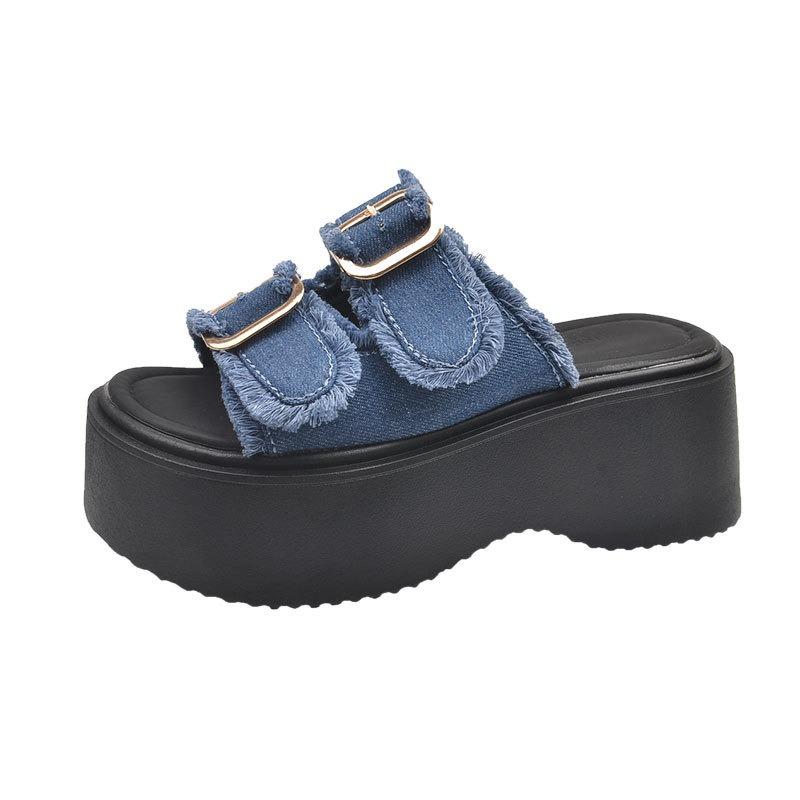 JX thick-soled muffin sandals women's new versatile height-increasing denim slippers sports cool slippers