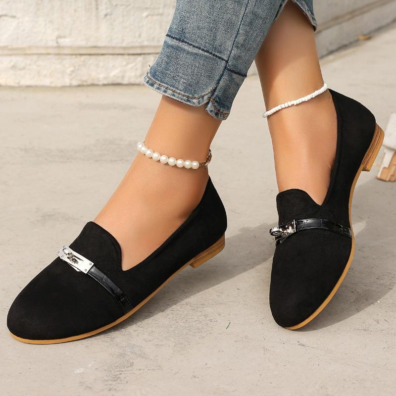 Mocassini da donna a pianta larga con fibbia francese - Mocassini slip-on a punta tonda per l'inverno, Ballerine retrò con suola morbida