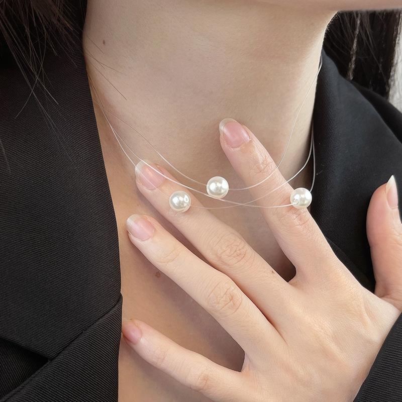 Colar transparente com pingente de contas redondas e linha de pesca para mulheres com cubo de açúcar fresco, pérola, corrente de clavícula, corrente de pescoço