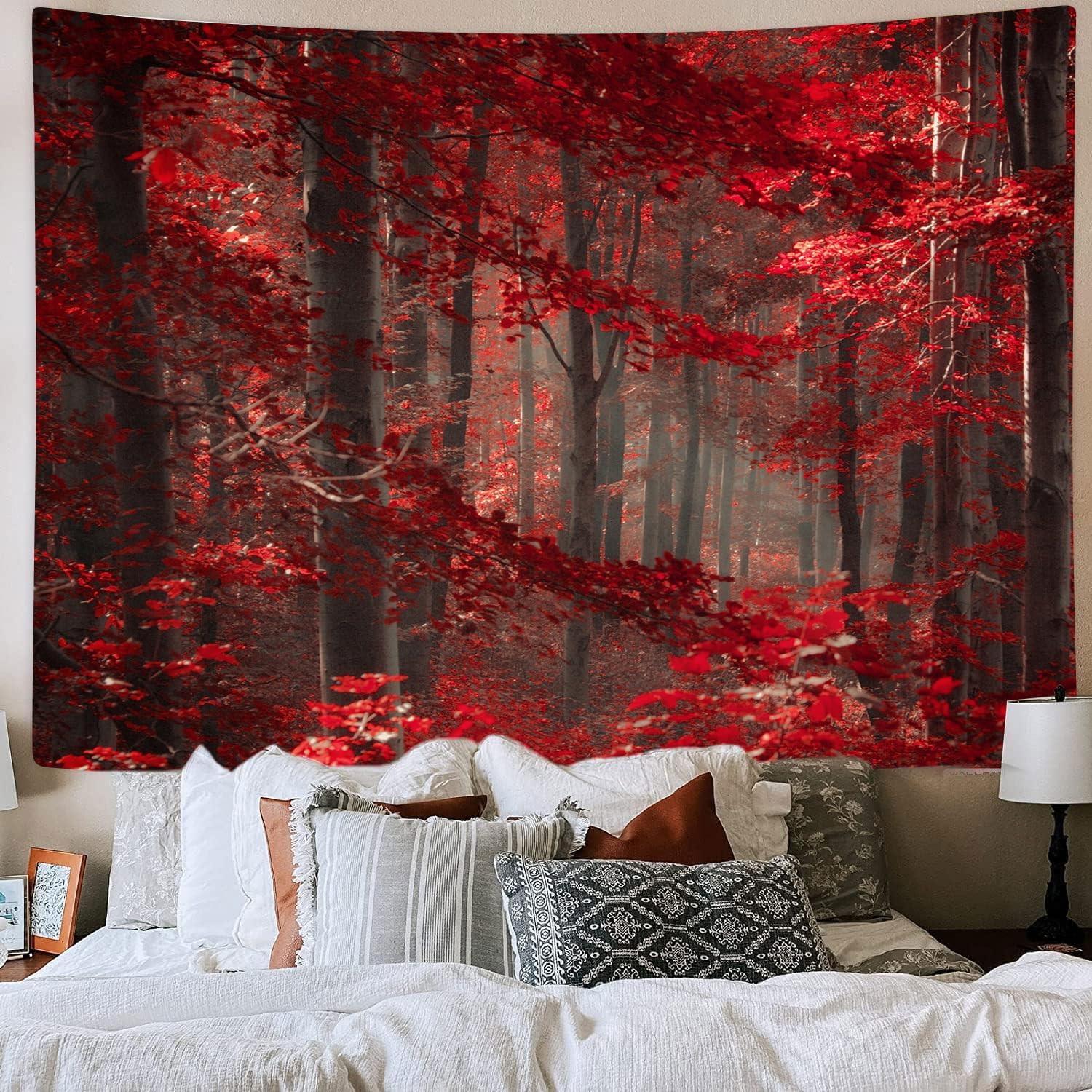 JAWO Natural Landscape Decor Tapestry Wall Hanging, Autumn Fall Maple Forest with Red Leaves, Polyester Fabric Wall Tapestry for Home Living Room