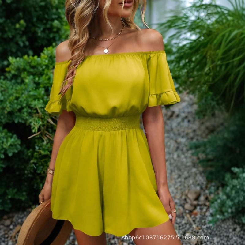 Womens 2025 Off-Shoulder Jumpsuit With Ruffle Detail Mid-Waist Straight Leg Crop Pants Lightweight Sweet Style