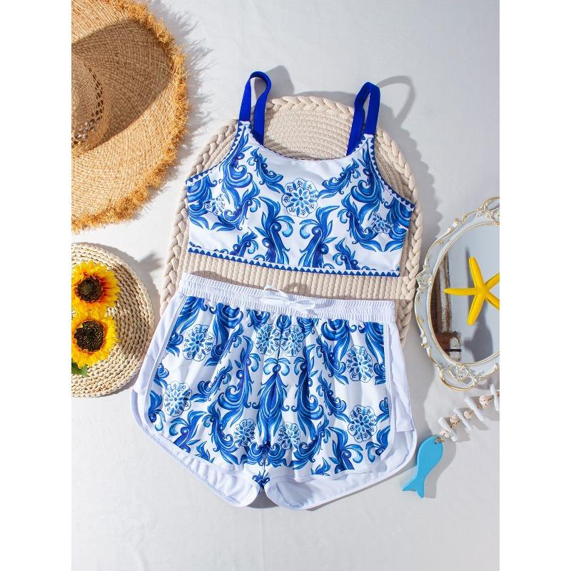 2026 European and American Large Size Printed Boxers Tankini Conservative High Waist Belly Fat Swimsuit