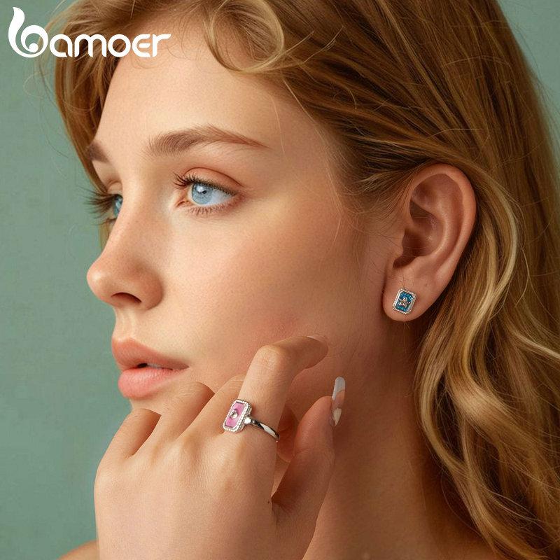 Bamoer Solid 925 Sterling Silver Vintage Star CZ Stud Earrings for Women Gift Retro Denim Blue Enamel Earrings