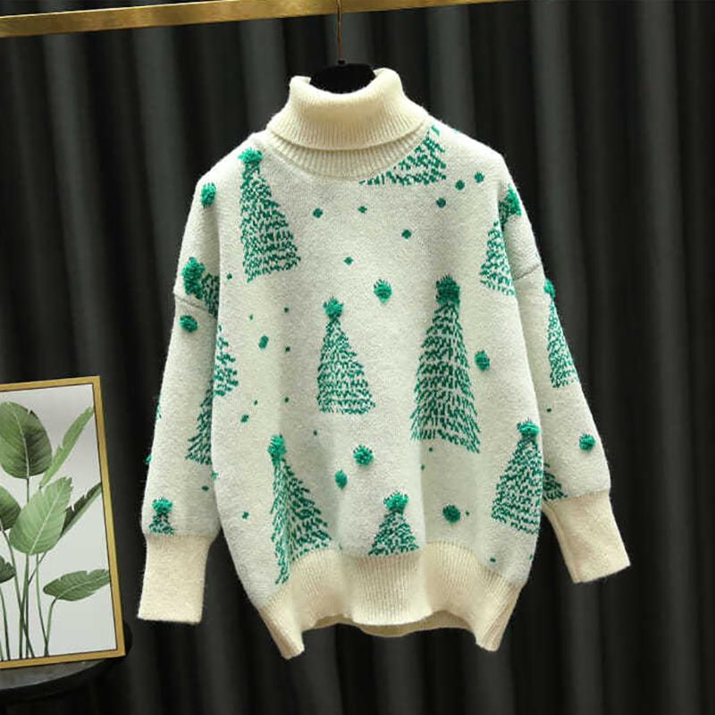 

Рождественский красный свитер с воротником, женский осенне-зимний винтажный повседневный свободный пуловер с длинным рукавом, вязаные топы с рождественской елкой S белый