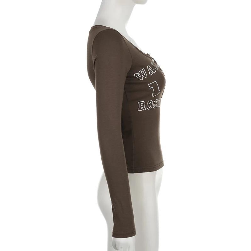 Vintage Top s potiskem písmen Dámský Retro Grunge Knoflíkový Véčkový výstřih Dlouhý rukáv Tričko Podzim Zima Základní Tričko Femme Oblečení