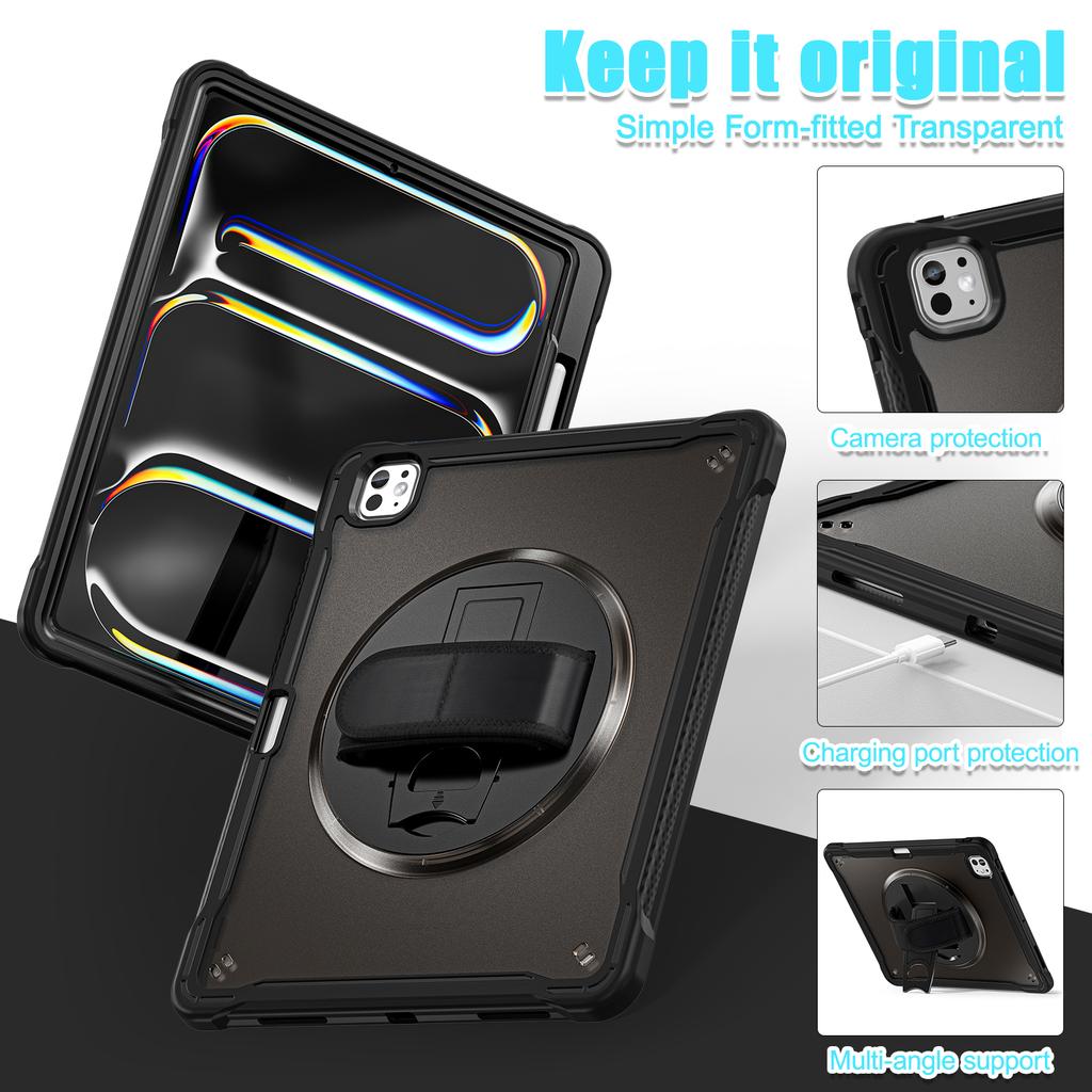 For iPad Pro 13 (2024) Case Kickstand PC+TPU+Silicone Tablet Cover with Rotary Hand Strap