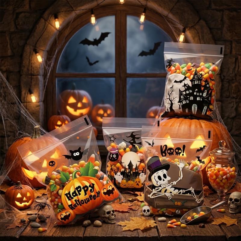 100Pcs Halloween Self Adhesive Treat Bags With Cute Spooky Prints For Packing Candies Cookies Halloween Party Favors