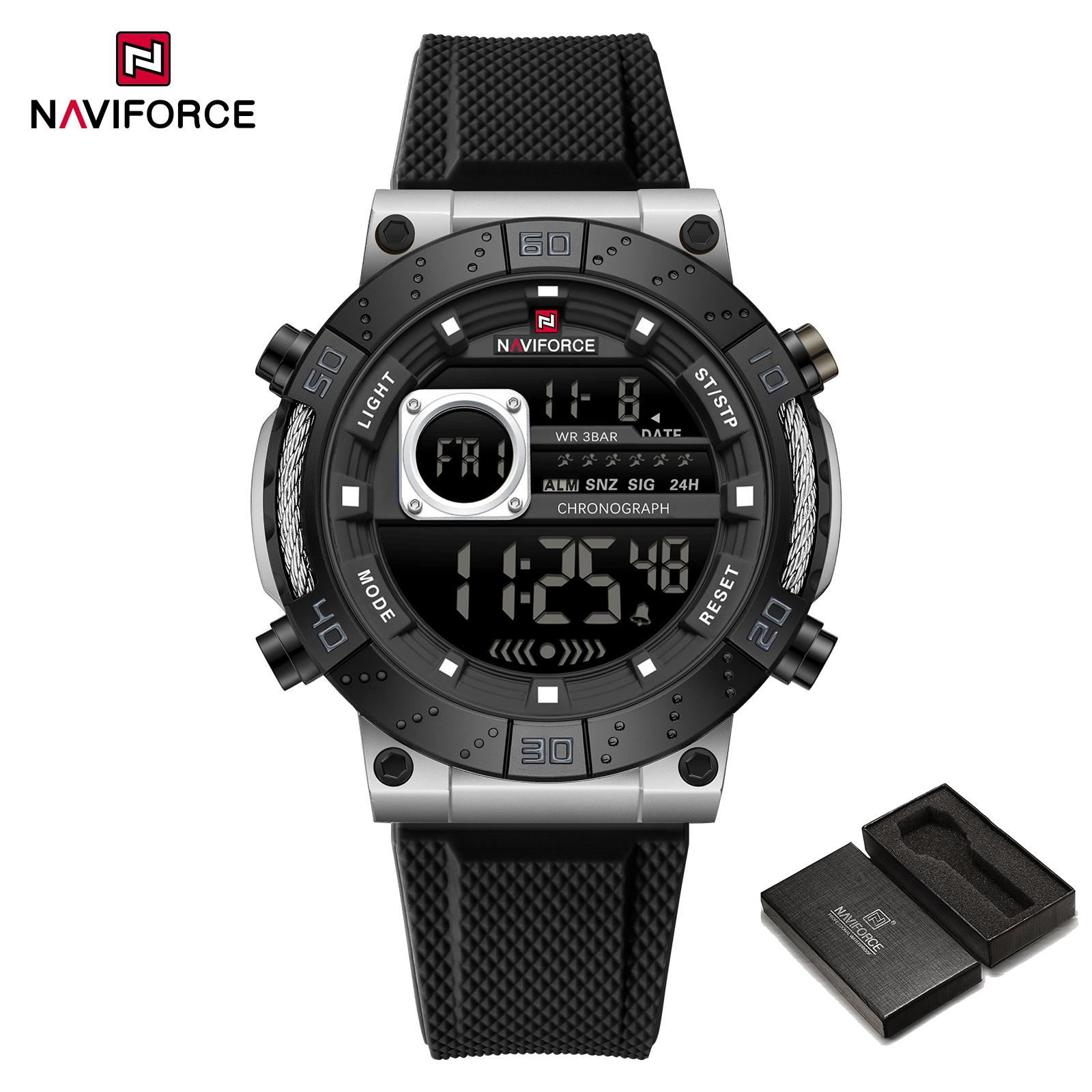

Naviforce Мужские спортивные ЖК-цифровые часы с силиконовым ремешком, водонепроницаемые, ночной режим, хронограф, многофункциональные, для отдыха на природе, для мужчин, NF9241T чёрный/серебряный