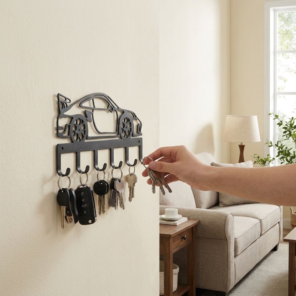 Wrought Iron Wall Mount Key Rack Sturdy 6 Hooks Sports Car Storage Hooks Entryway