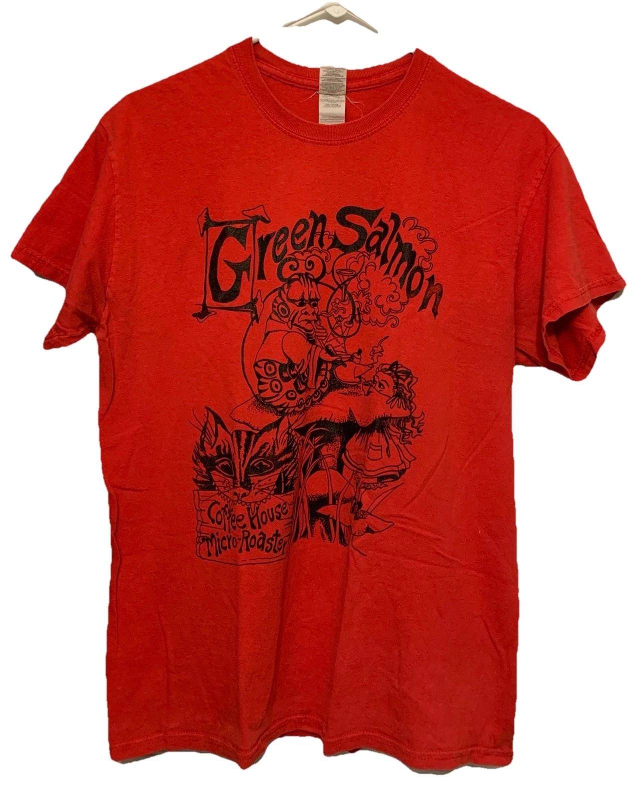 Vtg Green Salmon Coffee Company T-Shirt Men’s M Yachats OR Double Sided Graphic M