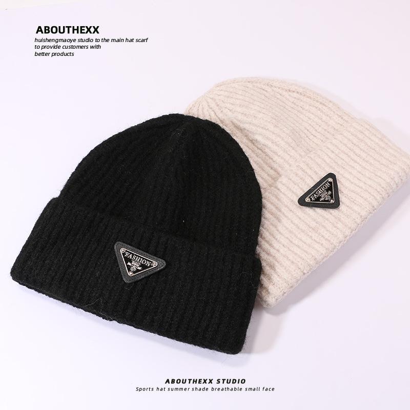 Woolen Hats for Women Triangle Marked Warm Knitted Hats for Couples  Pullover Hats Anti Cold Hats for Men  Autumn and Winter.