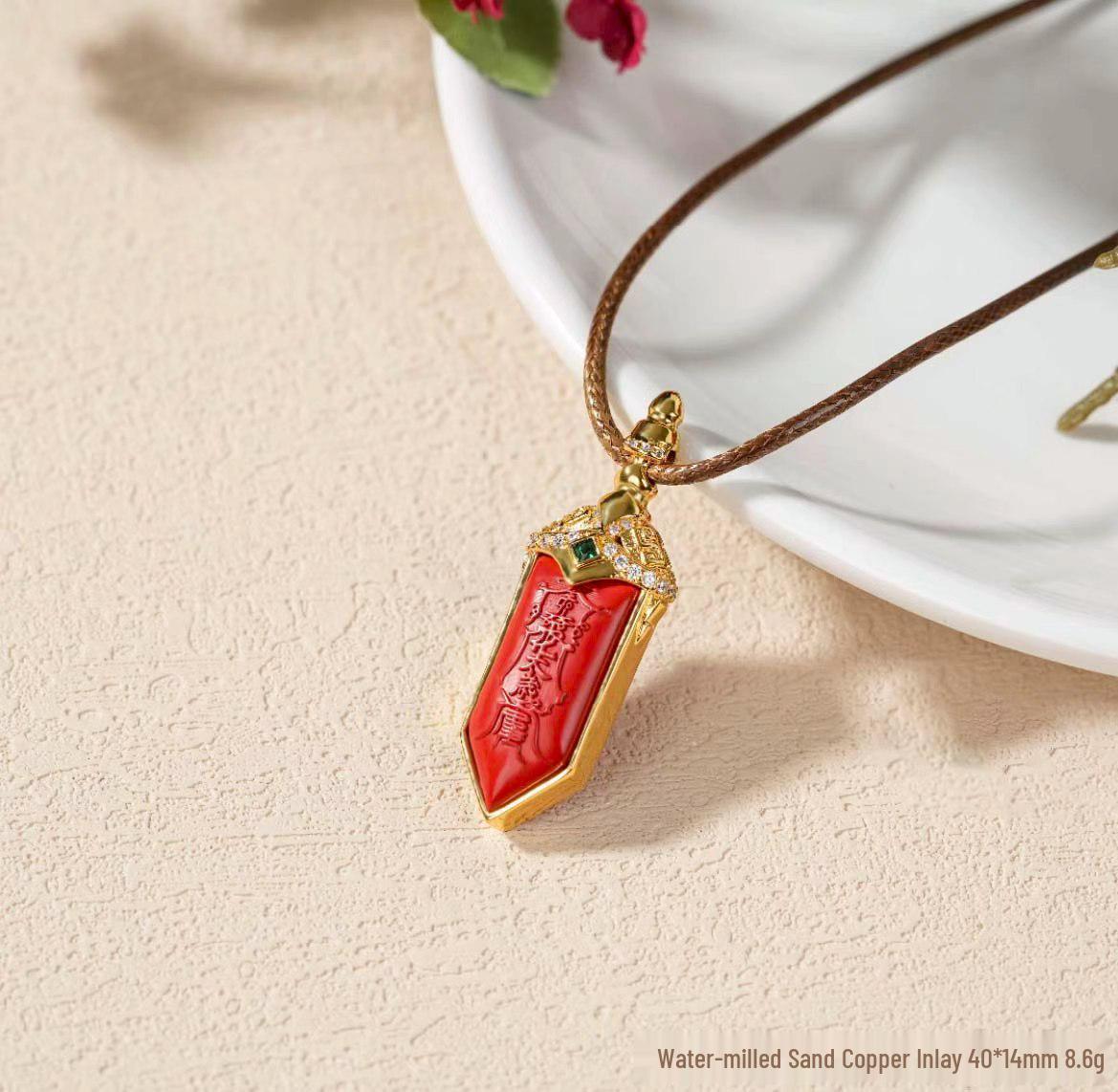Cinnabar Red Peace Sword Necklace Pendant - Elegant Sandstone Sweater Chain High Content Cinnabar (Approx. 75%-80%)