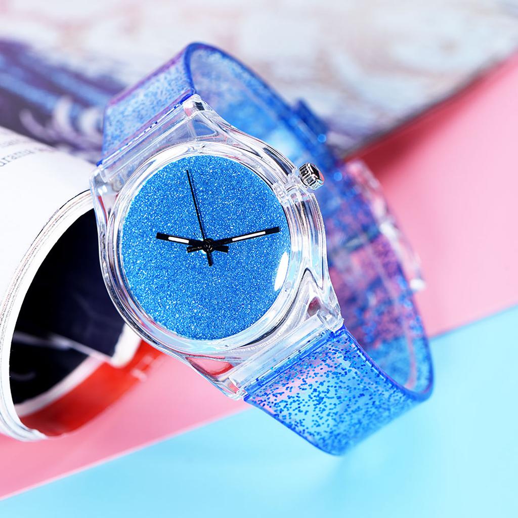 Female Quartz Wrist Watch Round Plastic Strap Glitter Powder Wristwatch (Blue)