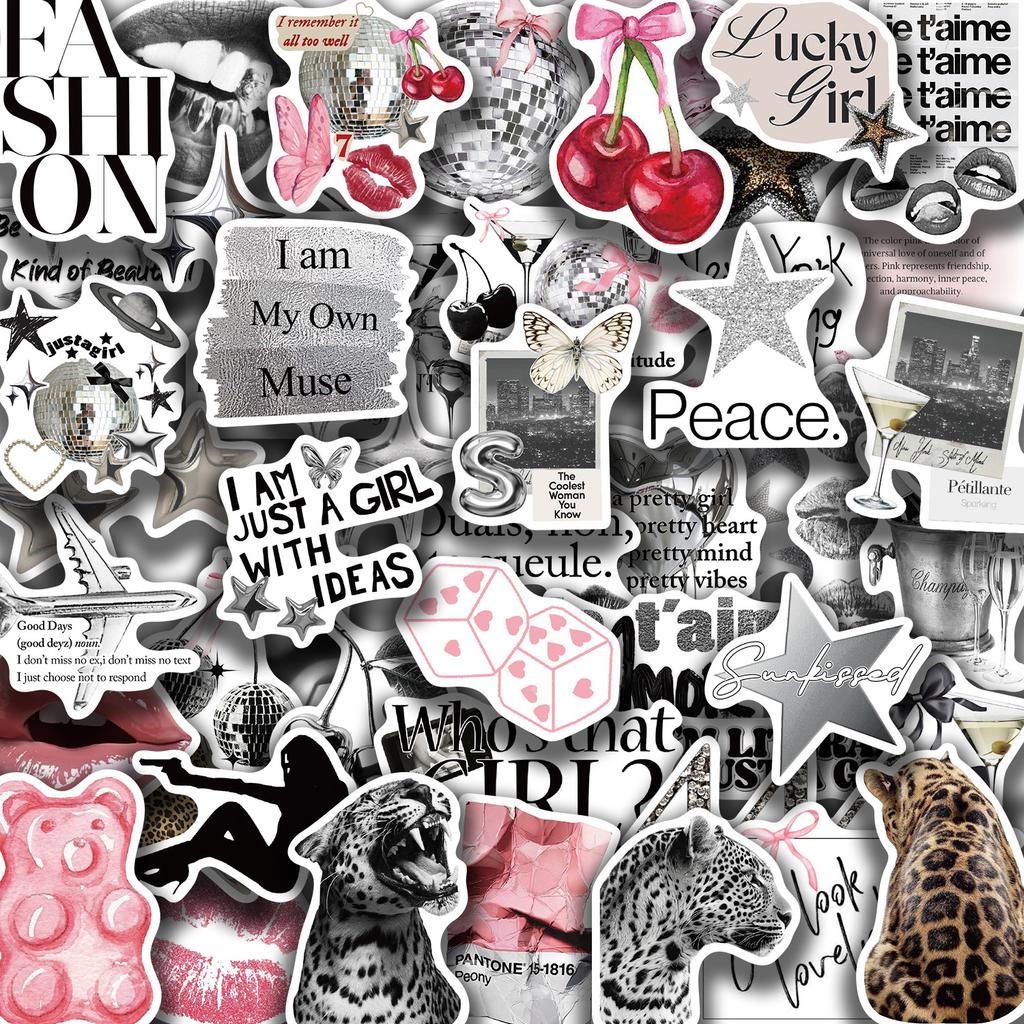 50PCS Silver Lucky Girl Retro Aesthetic Stickers Phone Guitar Laptop Notebook Suitcase Water Bottle Waterproof Sticker Decals