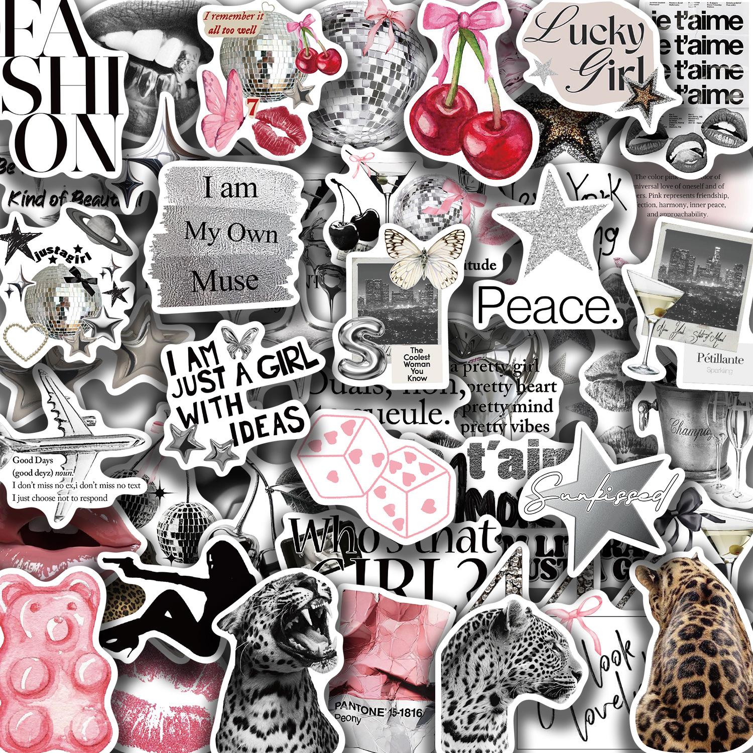 

50PCS Silver Lucky Girl Retro Aesthetic Stickers Phone Guitar Laptop Notebook Suitcase Water Bottle Waterproof Sticker Decals