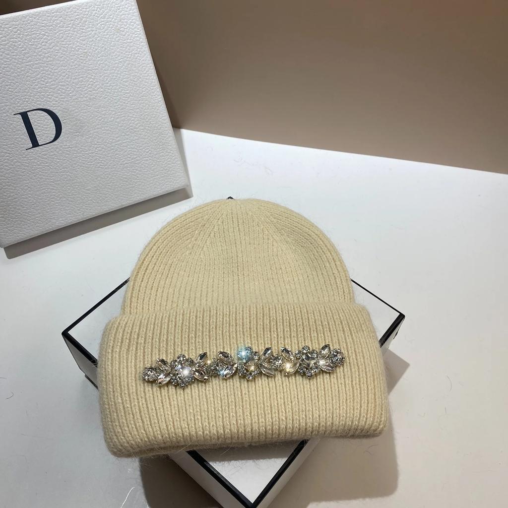 2024Mode Damen Wintermütze Echtes Kaninchenfell Gestrickte Mützen Diamanten Blume Damen Freizeit Hüte Warme Wolle Skullies Beanies