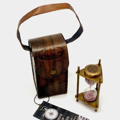Reloj de Arena de Latón de Londres Kelvin & Hughes Náutico Antiguo Vintage Reloj de Arena Marítimo con Caja de Cuero