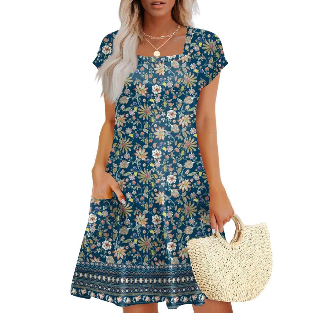Summer Dresses For Women Loose Square Neck Cap Sleeve Casual Beach Vacation Tshirt Dress Sundresses With Pockets