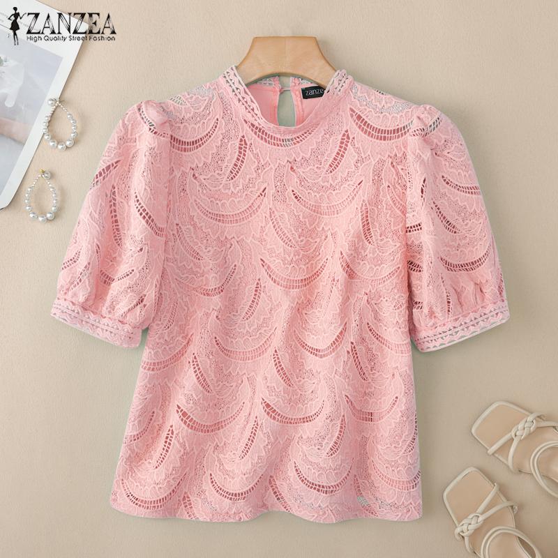 ZANZEA Bluză casual de vară cu mâneci scurte și guler rotund pentru femei, cu dantelă patchwork