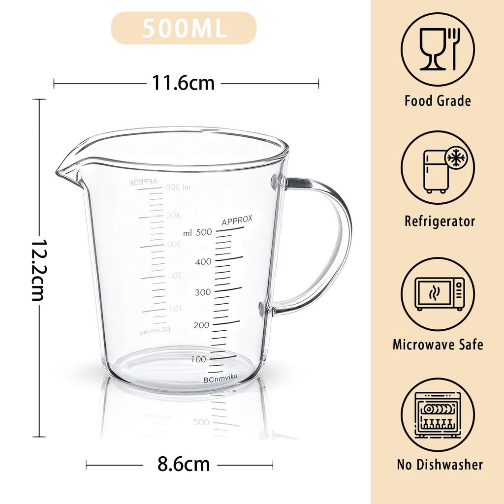 Nasichex Hitzebeständiger Glas-Messbecher, 500 ml, mit Ausguss und Griff, Mikrowellen-, Ofen- und Spülmaschinenfest, Ideal zum Kochen, Backen und als
