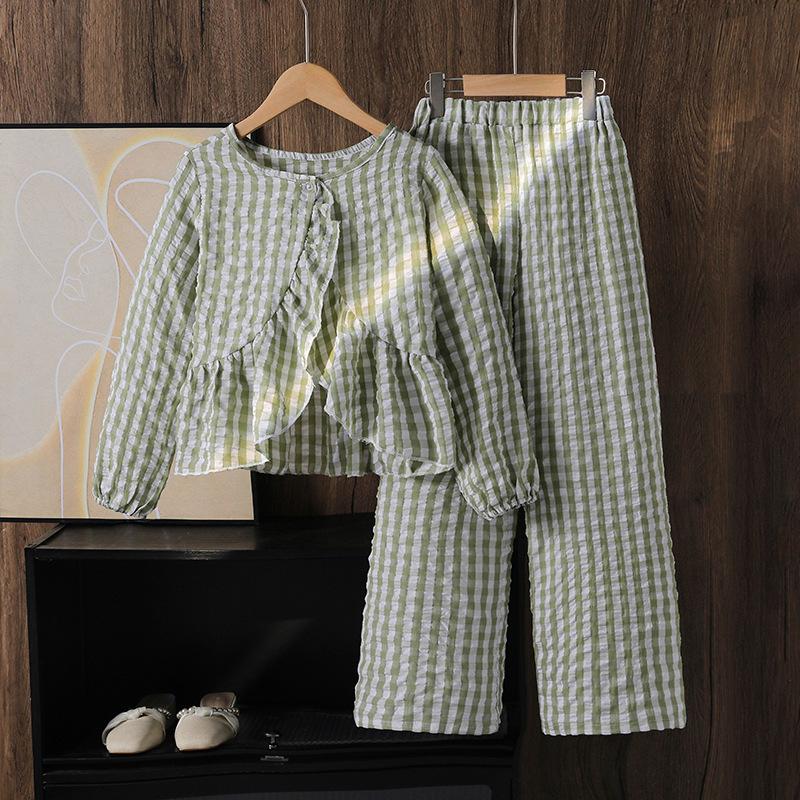 Children Clothes 2025 Autumn Plaid Loose Ruffled Long Sleeve Top And Wide Leg Pants Two-Piece Set For Girls