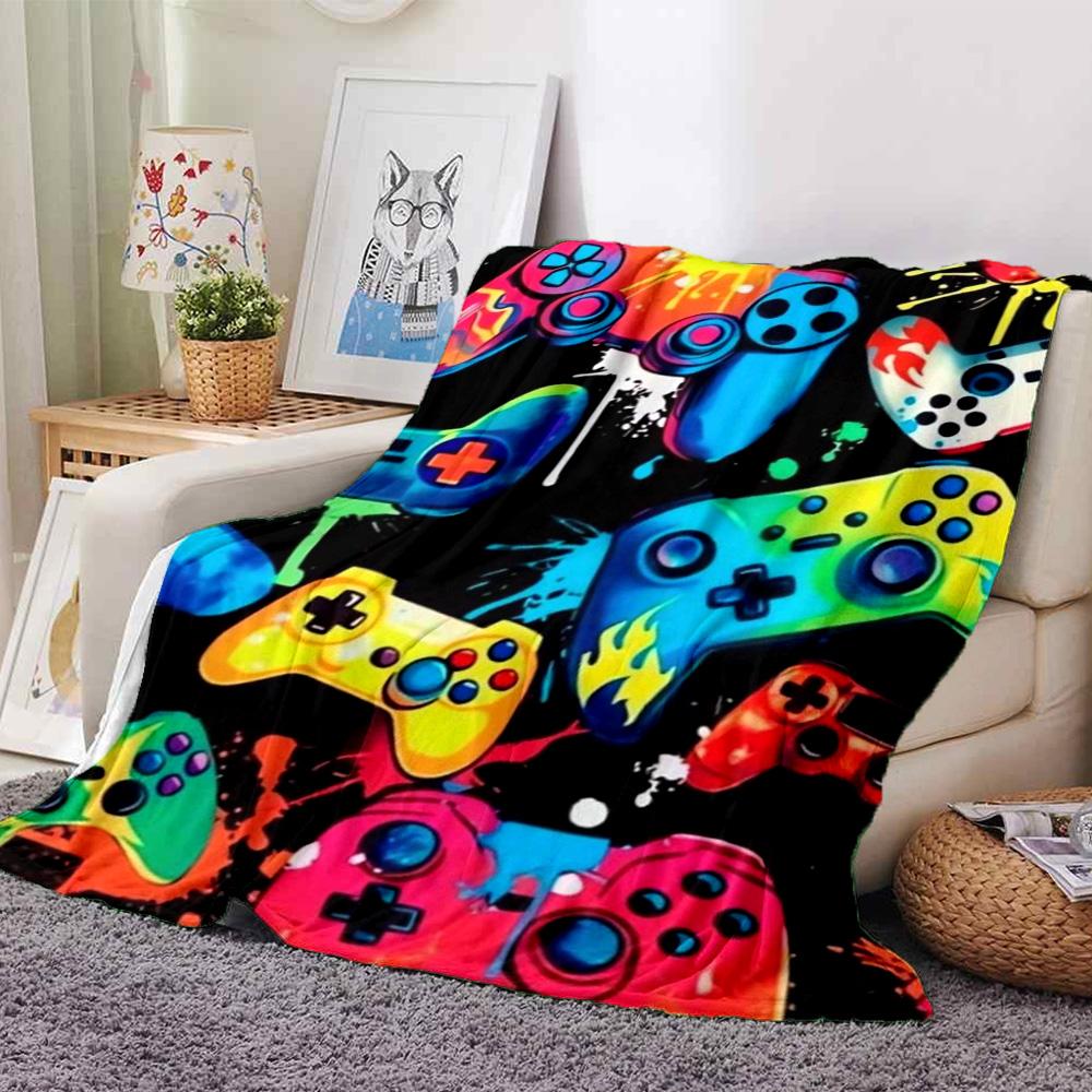 Colorful Game Controller Graffiti Splash Print Flannel Blanket Black Background Gaming Graphic Soft Throw Blanket Gamer Bedroom Home Decor