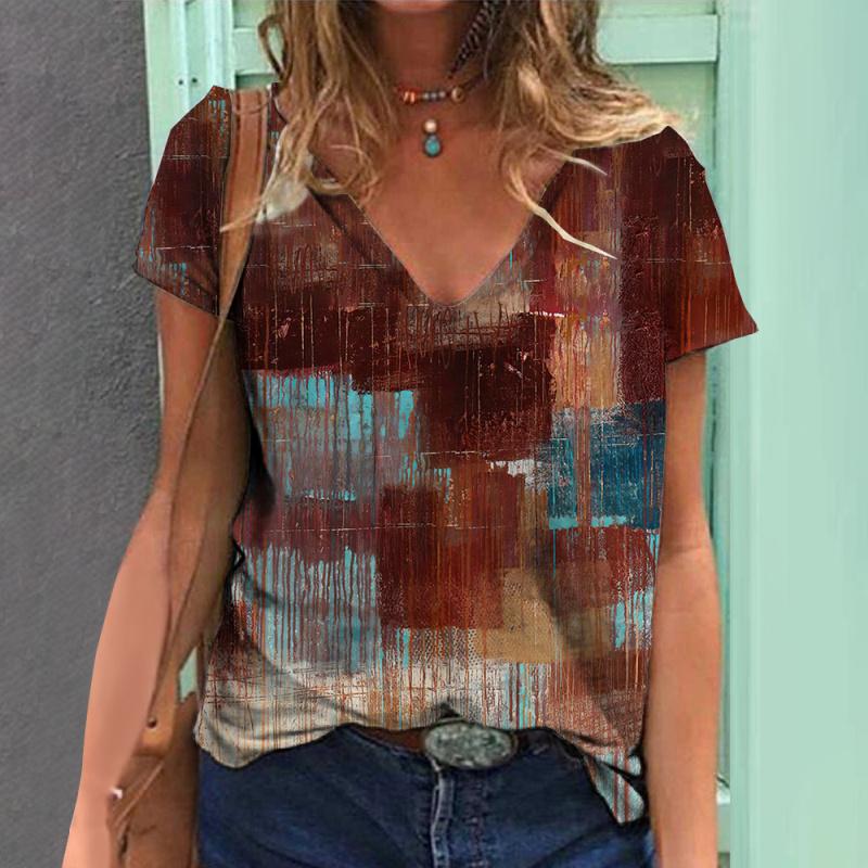 Summer Women's T-shirt Vintage Geometric Print Short Sleeve Tops Female Fashion Clothing V-Neck Oversized Pullover Daily Blouse