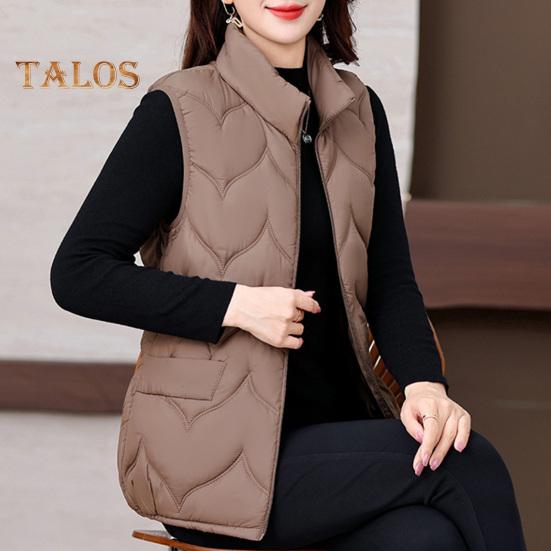 Colete de inverno feminino, casaco acolchoado espesso, gola alta, proteção de pescoço, sem mangas, fecho de zíper, cor sólida, mantém o colete aquecido
