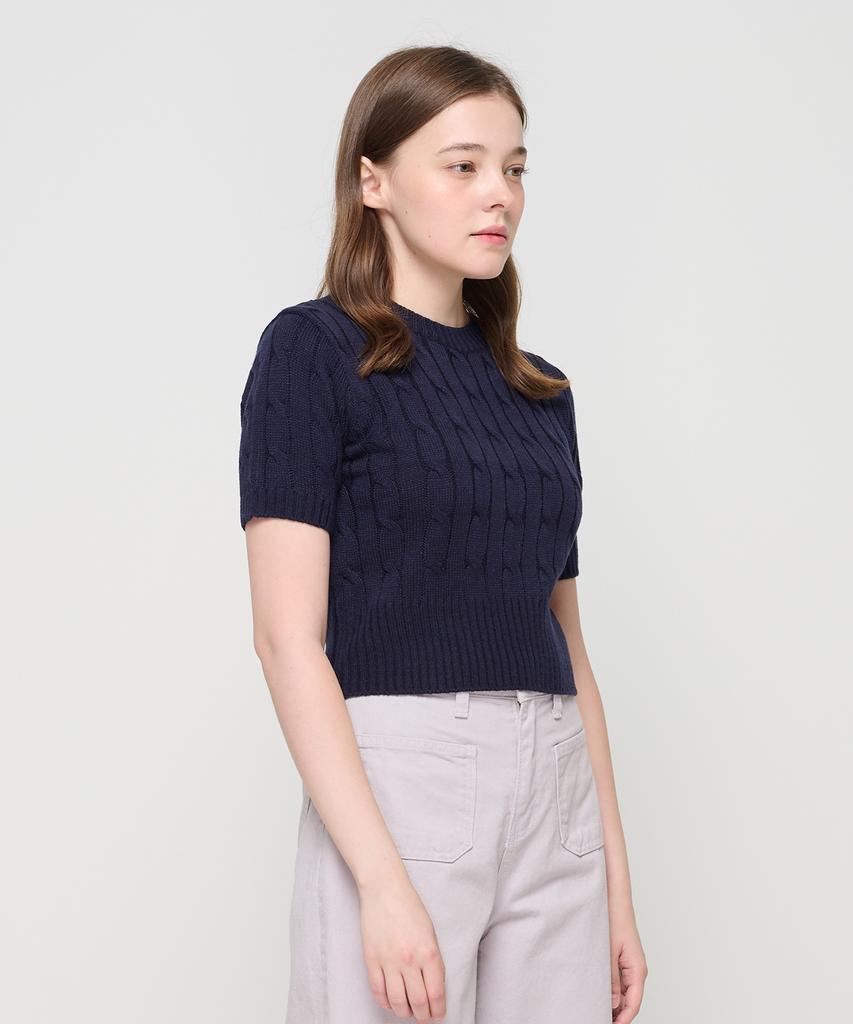 ROIDESROIS Cable Knit Short Sleeve Crop (Navy)