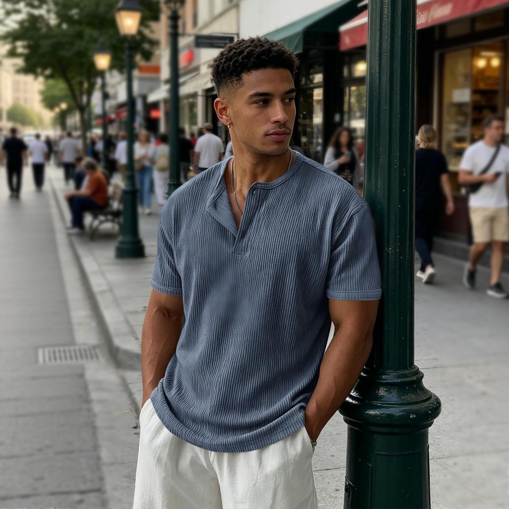 Men's Ribbed Crew Neck Three Button Short Sleeve Top Soft Breathable Casual Pullover Knitwear for Daily Wear Office Travel