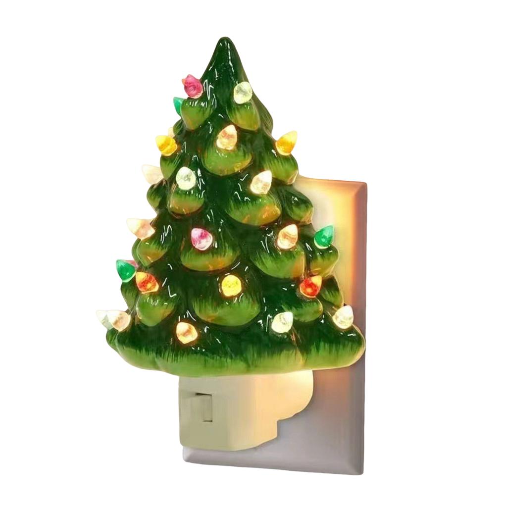 Christmas Ceramic Tree Night Lights Decorative Xmas Tree Nightlight with Lamp Multicolor Bulbs 360 Degree Swivel Plug with ON/Off Switch for Home